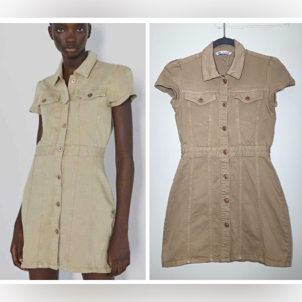 Zara Beige Short-Sleeve Button Dress